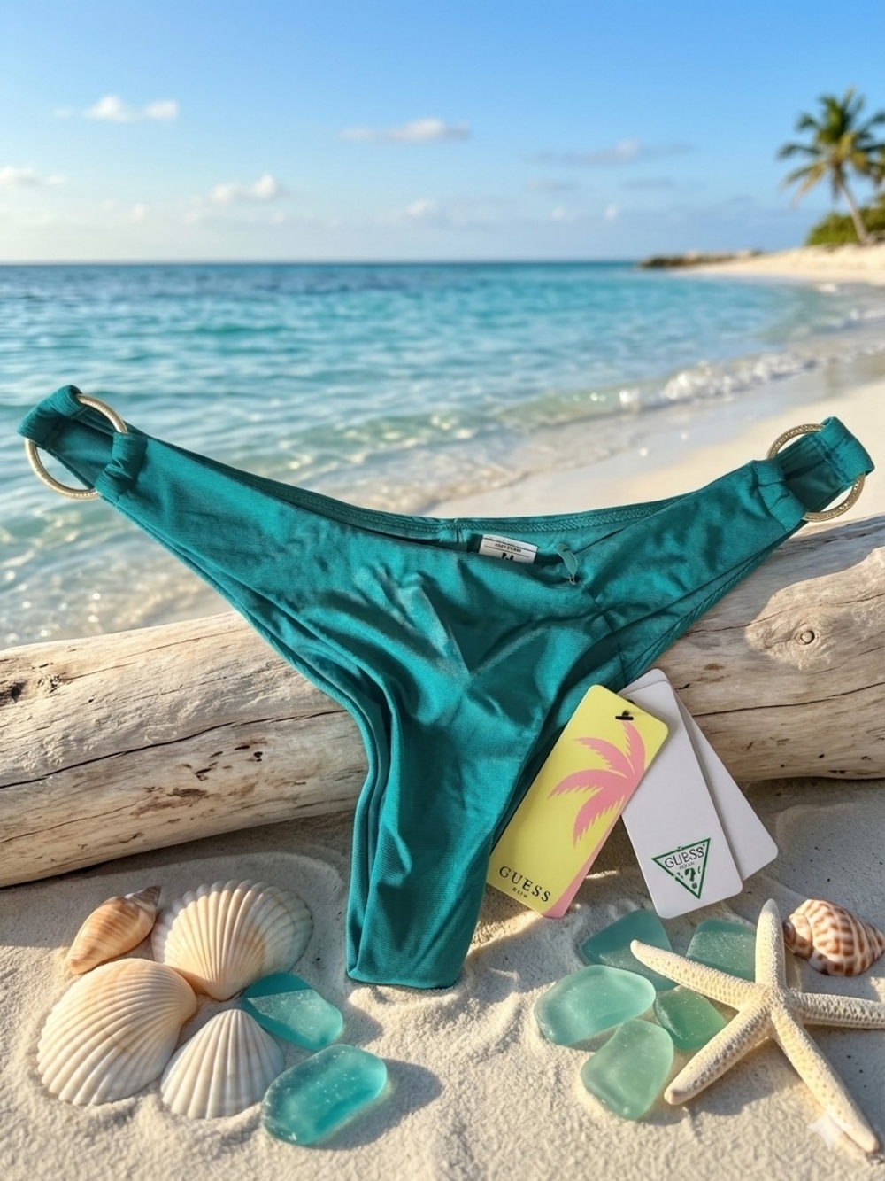 GUESS Teal Bikini Bottom with Gold Ring Accents